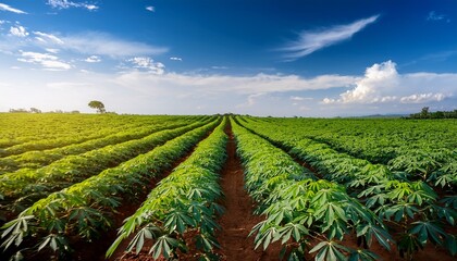 rows of cassava plants under a vibrant blue sky plants background agriculture