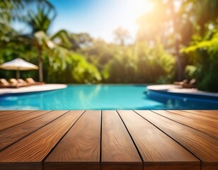 art empty wooden table on sunny blurred tropical pool background outdoor party mockup for design and product display