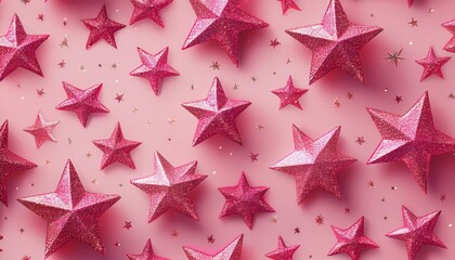 seamless gift wrapping pattern pink color glitter stars against light pink background