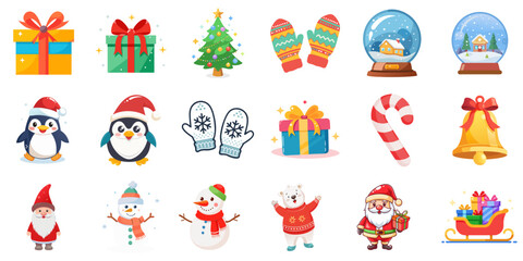 Vector set of colorful Christmas icons - Santa, snowman, gifts, tree, mittens, sleigh, and snow globe. Holiday cards, seasonal promotions, packaging, and festive illustrations.