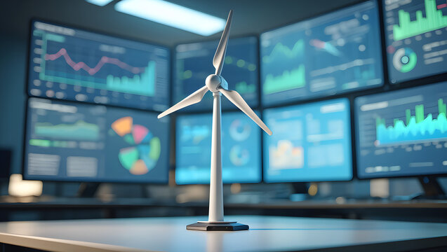 Photo of a wind turbine model with data screens in the background showing energy statistics - Powered by Adobe
