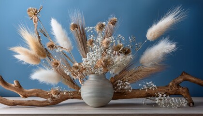 rustic dried floral garland on wood dowel soft blue still life serene
