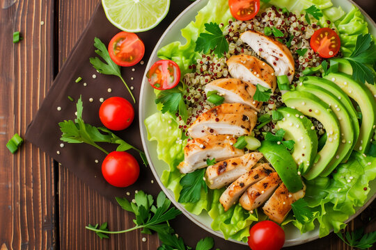 healthy salad with quinoa tomatoes chicken avocado lime, top view - Powered by Adobe