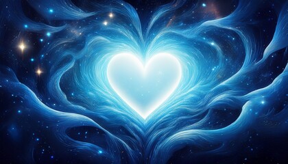 a single white heart amidst a blue nebula shimmering lights space ethereal vortex
