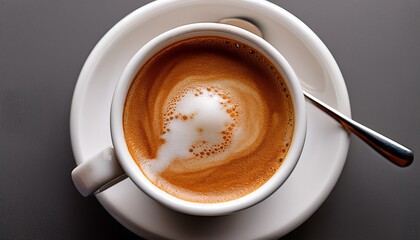 coffee cup from above espresso foam texture creamy coffee rich freshly brewed cup of hot latte top view of cappuccino milk foam closeup creamy coffee macro shot on a grey table top view
