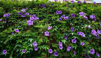 lush green vine wall with delicate purple flowers