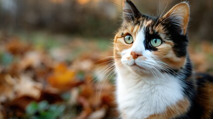 Autumnal cat, looking up, fall leaves