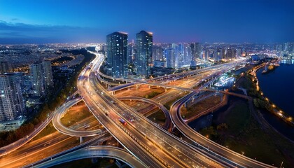 aerial view of illuminated highway interchange and cityscape at night with urban buildings in the background