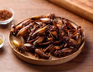 fried crickets on a wooden