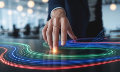 Professional hand interacting with futuristic digital data flow on a glowing screen