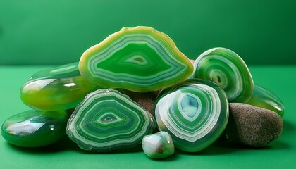 a tumbled pile of vibrant green agates against a matching green backdrop natural geology green agate