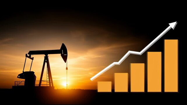 Oil Industry Growth: A pump jack, silhouetted against a fiery sunset, is juxtaposed with a rising financial graph, symbolizing the ascent of the oil industry, economic strength, and energetic growth.