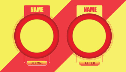 Yellow and red circular before and after photo frame template with name placeholders, for social media design.