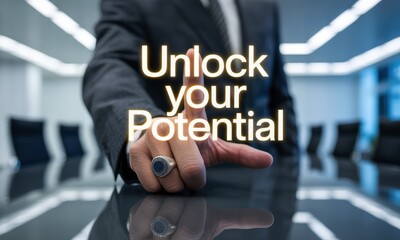 Businessman hand reaching for unlock your potential holographic text in modern office