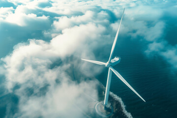 wind turbine in the sea close-up, aerial photography