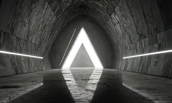 Dark gray stone tunnel with bright white triangular light at the end and linear lighting