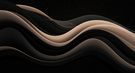 Abstract background of flowing, layered lines in black and beige. A captivating abstract image featuring layered, flowing lines in shades of black and beige against a deep black backdrop.