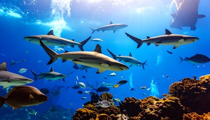 Underwater coral reef teeming with sharks and fish