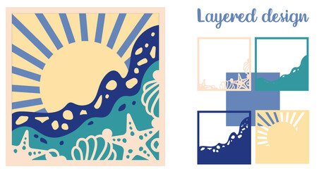 Summer shadow box with ocean wave svg, Layered papercut wall decor