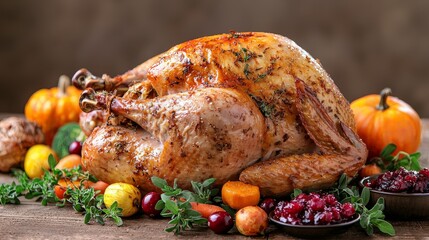 Roasted turkey with cranberries and pumpkins on wooden table