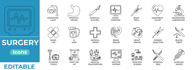  Editable surgery icons for medical apps, websites, and infographics