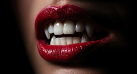 Close up of a woman mouth with vibrant red lipstick and sharp vampire fangs