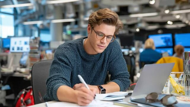 Focused Professional at Desk: A concentrated individual, glasses perched, absorbed in his work, takes meticulous notes with pen in hand, a laptop and personal effects nearby.