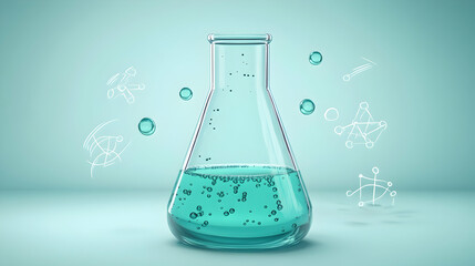 A clear Erlenmeyer flask containing a light teal liquid, with small bubbles and molecules illustrated around it against a light teal background.