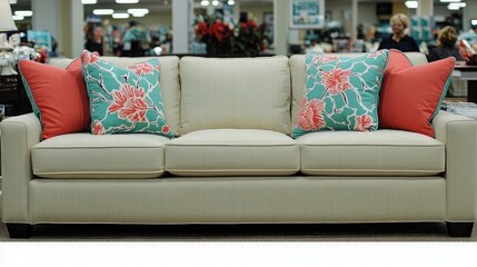 Sofa with pillows in a furniture store interior