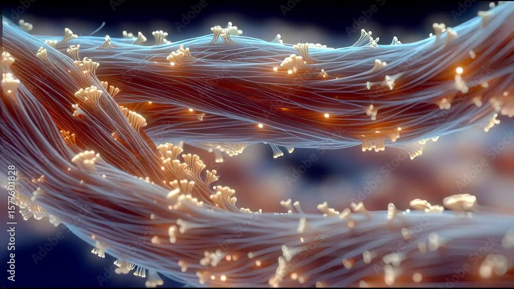 Poster an abstract visualization of flowing fiber-like strands with glowing particles, suggesting digital d