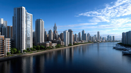 Fototapeta premium Modern skyline urban landscape waterfront skyscrapers cityscape blue sky reflection architecture