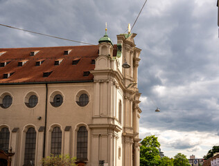 Historic Church Of The Holy Spirit In Munich: Elegant Baroque Architecture With Tower And Facade...