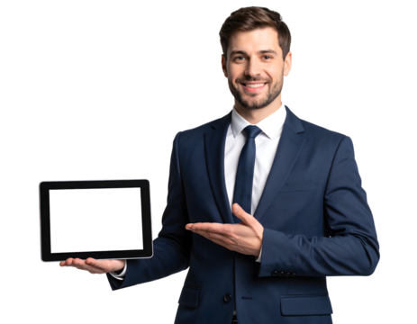 Manager giving presentation with digital tablet, transparent background for tech