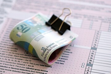 Swiss franc banknotes and tax form. The current francs money bills lies on tax return form
