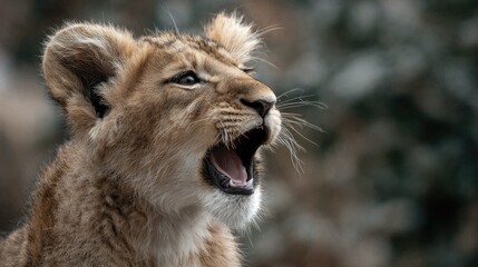 Obraz premium Young lion cub with open mouth, alert gaze