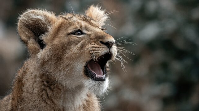 Young lion cub with open mouth, alert gaze