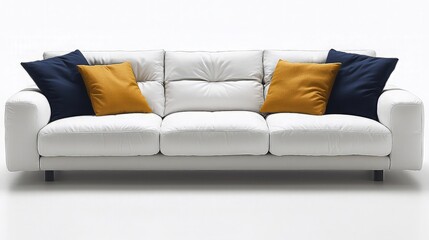 White sofa with blue and gold pillows in a modern living room