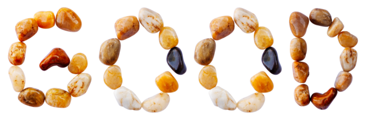 GOOD word is made of stone with a white background. The creative shapes of the letters of the alphabet are arranged with stones.	