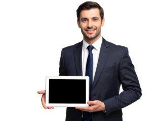 Manager giving presentation with digital tablet, transparent background for tech