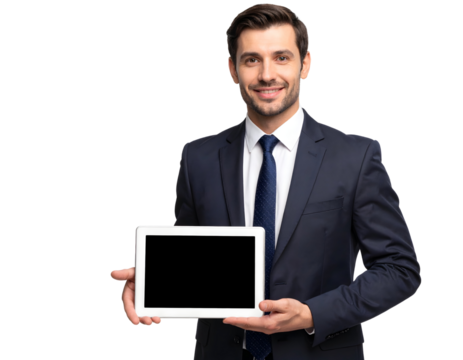Manager giving presentation with digital tablet, transparent background for tech
