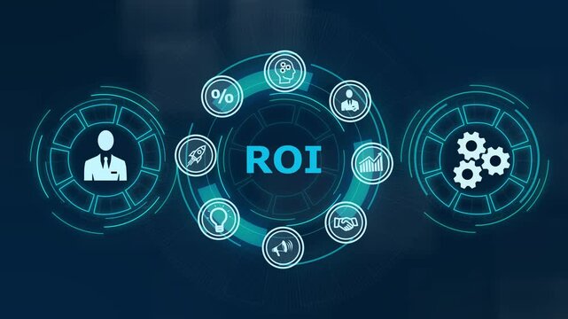 ROI Return on investment financial growth concept. Business, Technology, Internet and network concept ,Abstract technology symbols on a blue background. - Powered by Adobe