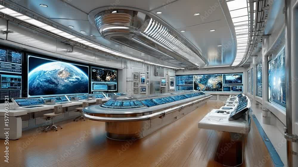 Poster command center interior: a futuristic command center featuring an array of monitors displaying earth