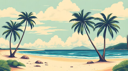 tropical beach, palm trees, beach landscape, tropical paradise, seaside view, ocean shoreline, sandy beach, turquoise water, tropical sunset, island beach, beach horizon, palm tree silhouette, beach v