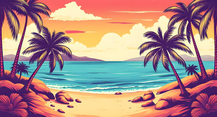 tropical beach, palm trees, beach landscape, tropical paradise, seaside view, ocean shoreline, sandy beach, turquoise water, tropical sunset, island beach, beach horizon, palm tree silhouette, beach v