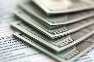 Big amount of United States hundred dollar bills in bunch on table with tax return form