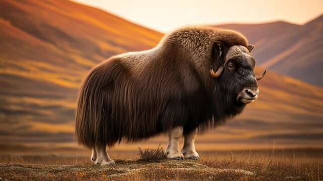 Muskox Standing In Grassy Field With Mountains Under Sunset