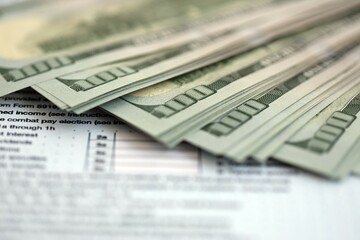 Big amount of United States hundred dollar bills on table with tax return form close up