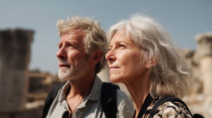 Mature caucasian couple observing ruins on a sunny day