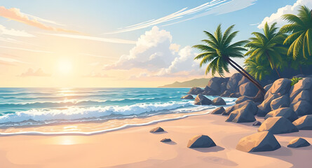 tropical beach, palm trees, beach landscape, tropical paradise, seaside view, ocean shoreline, sandy beach, turquoise water, tropical sunset, island beach, beach horizon, palm tree silhouette, beach v