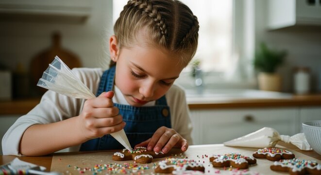 Naklejki Focused young girl decorating gingerbread cookies with icing and colorful sprinkles